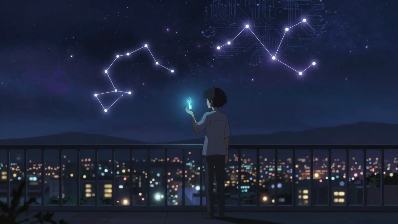 Lone figure holding glowing key under starry sky symbolizing DeFi autonomy