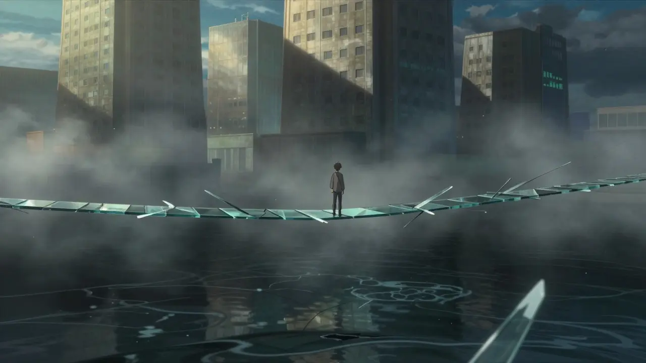 Lone figure on a fragile glass bridge over an abyss, symbolizing low liquidity and high risk.