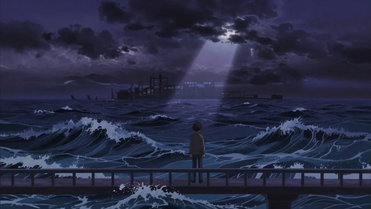 Lone figure on bridge over stormy sea symbolizing crypto risk