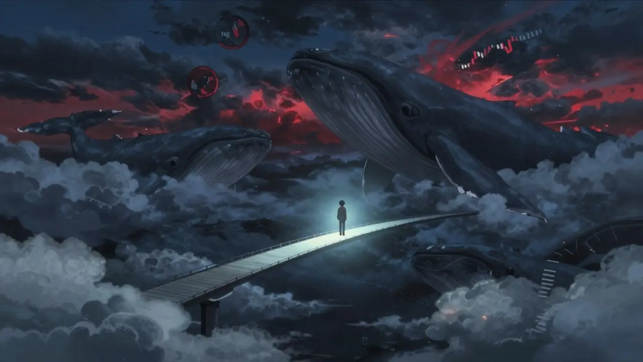 Lone figure on precarious bridge over dark void with shadowy whales