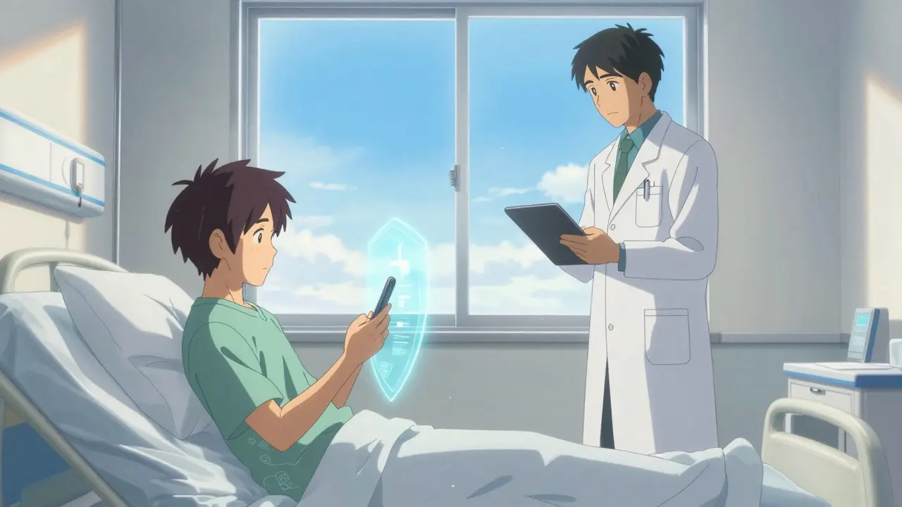 Patient using secure digital health wallet in sunny hospital room