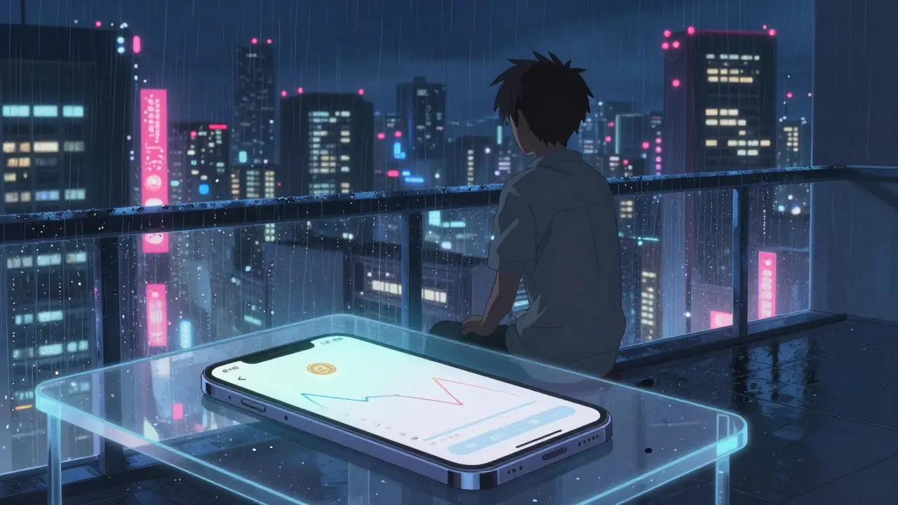 Person looking at crypto app on rainy balcony in anime style