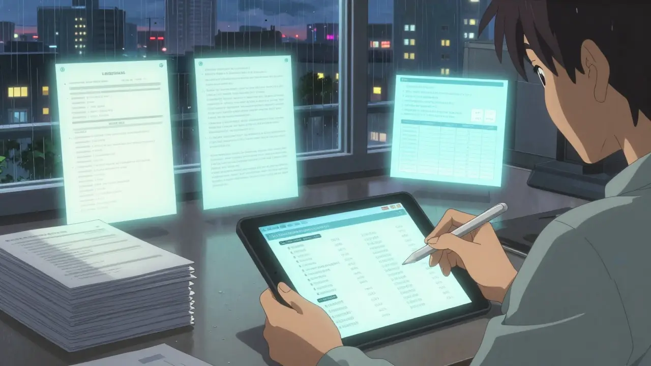 Person reviewing digital tax docs in a rainy city office