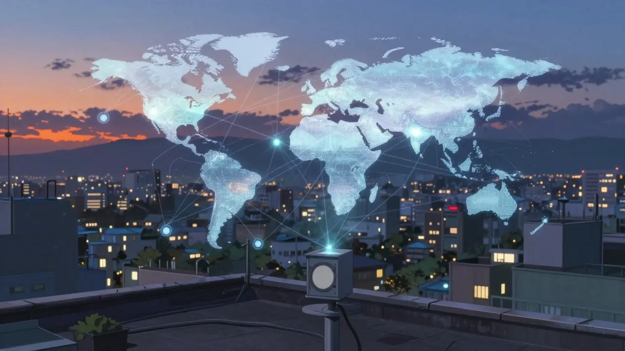 Rooftop weather station connected to a global network, anime aesthetic