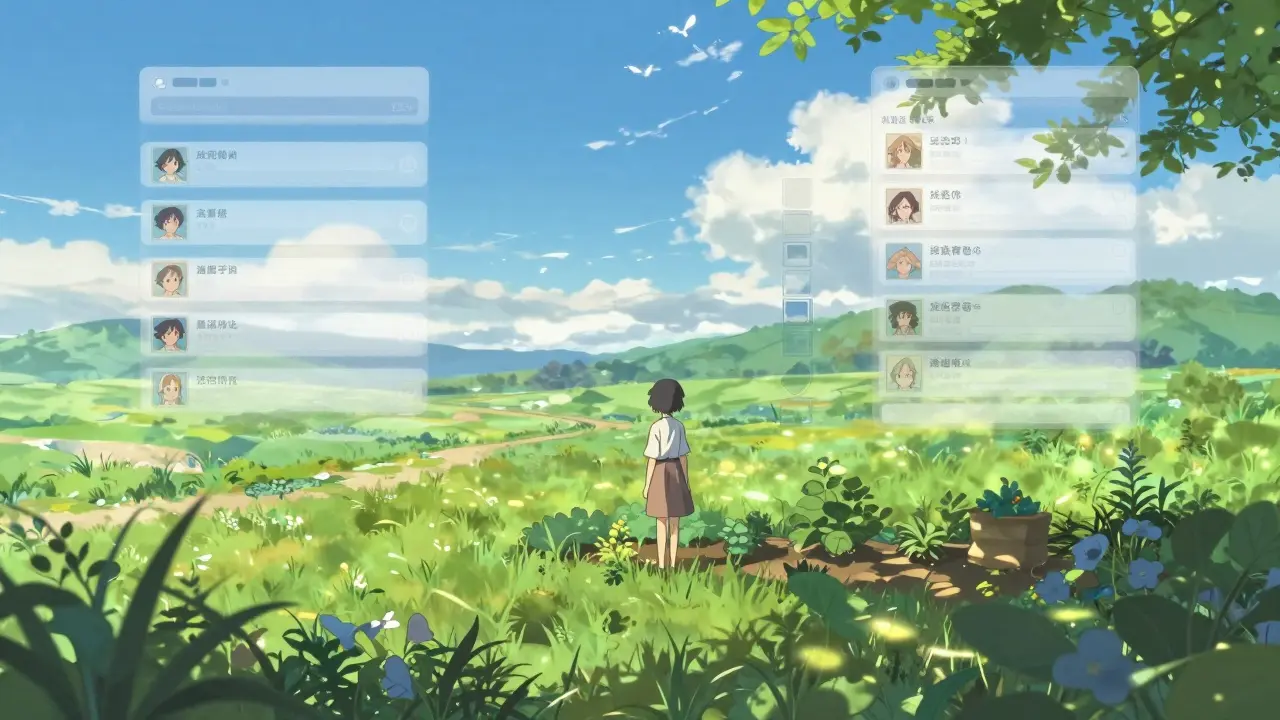 Serene virtual gaming landscape with organized data tables in the sky