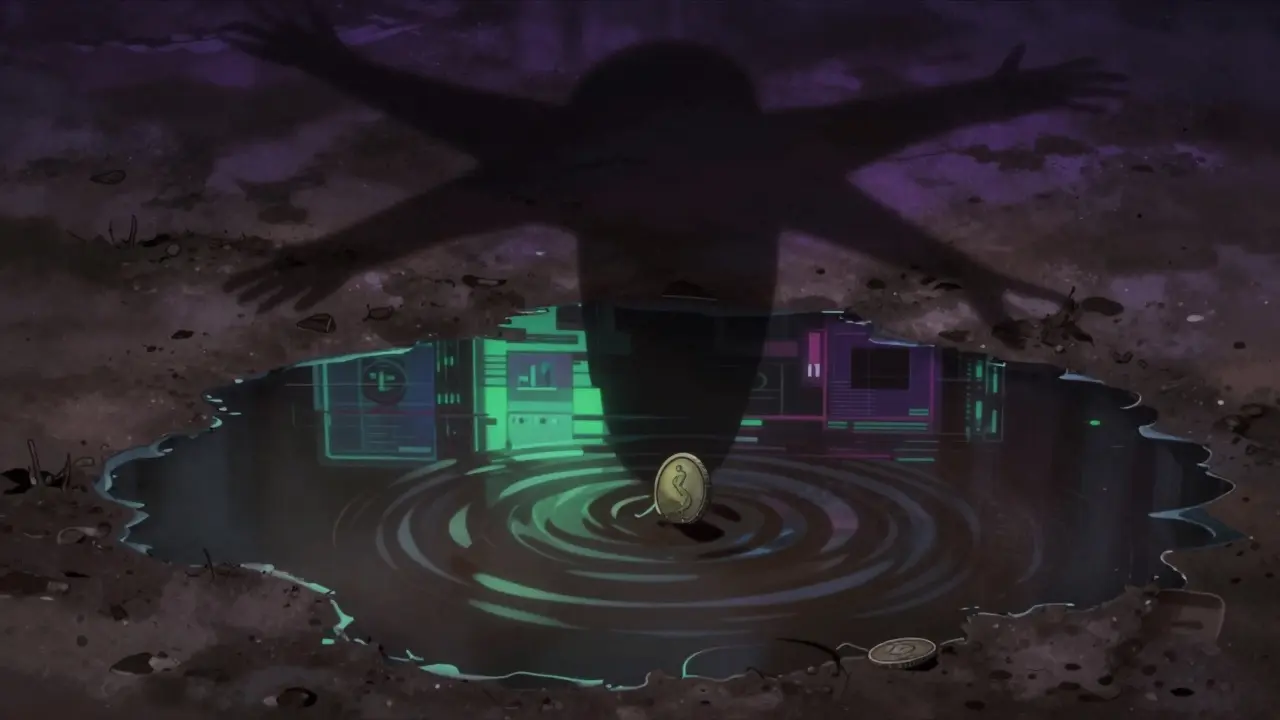 Shallow puddle reflecting glitching interface, symbolizing low liquidity