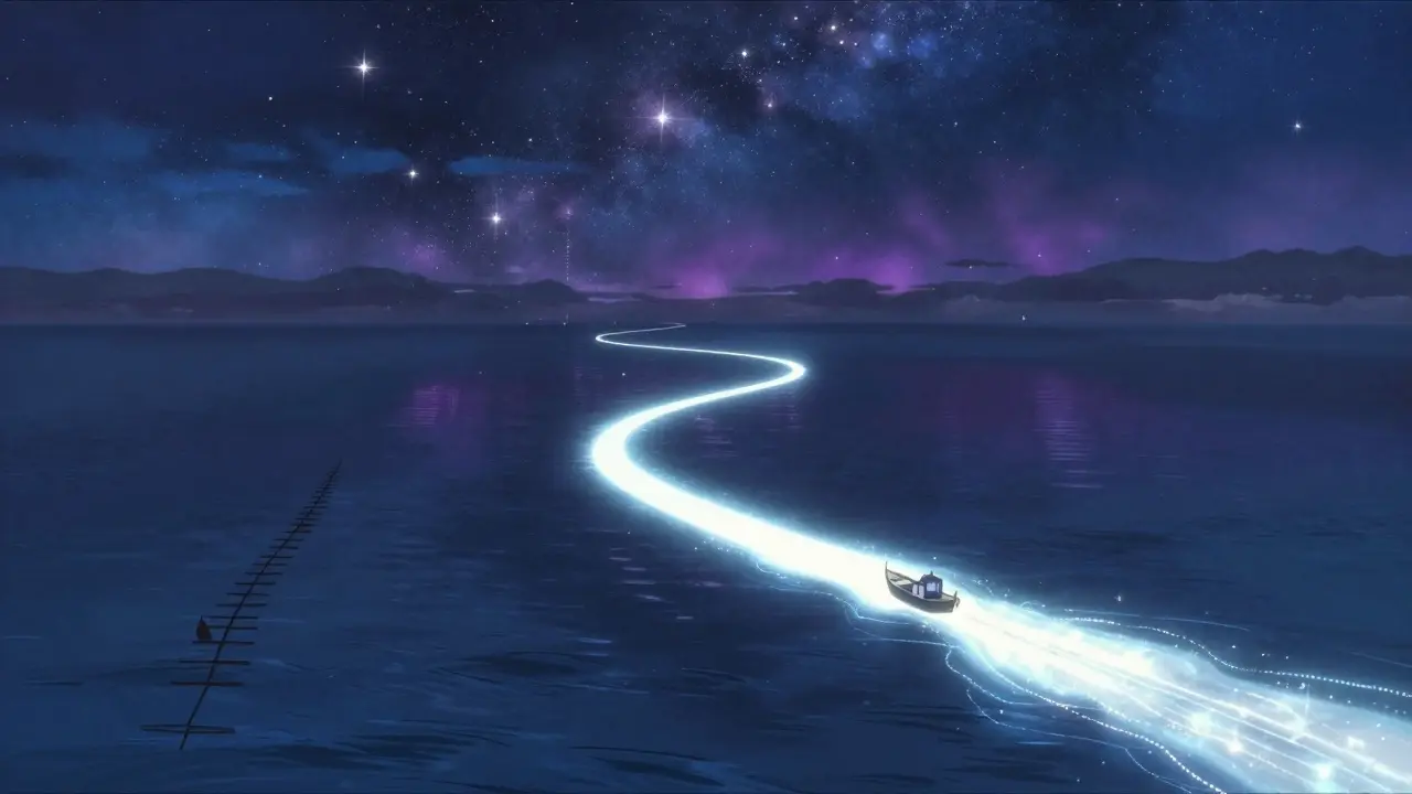 Shinkai-style anime scene of a boat sailing on a starry, glowing path