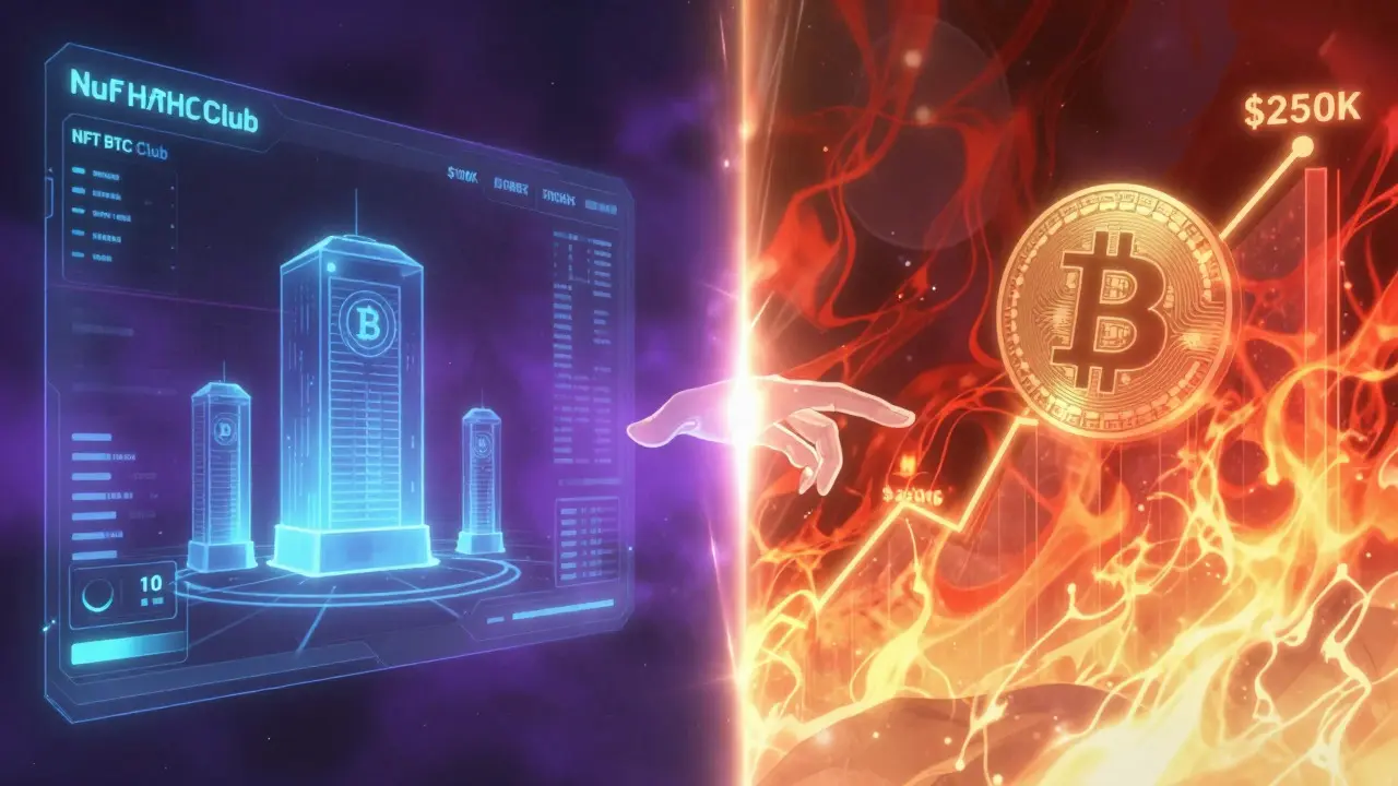 Split view of NFT mining and volatile token charts in Makoto Shinkai style