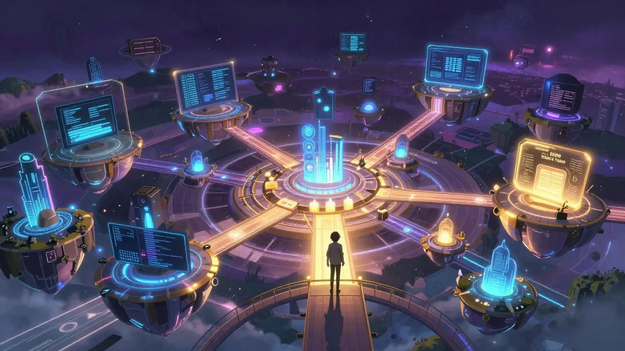 Surreal anime landscape of a blockchain metaverse with floating islands and neon pathways.