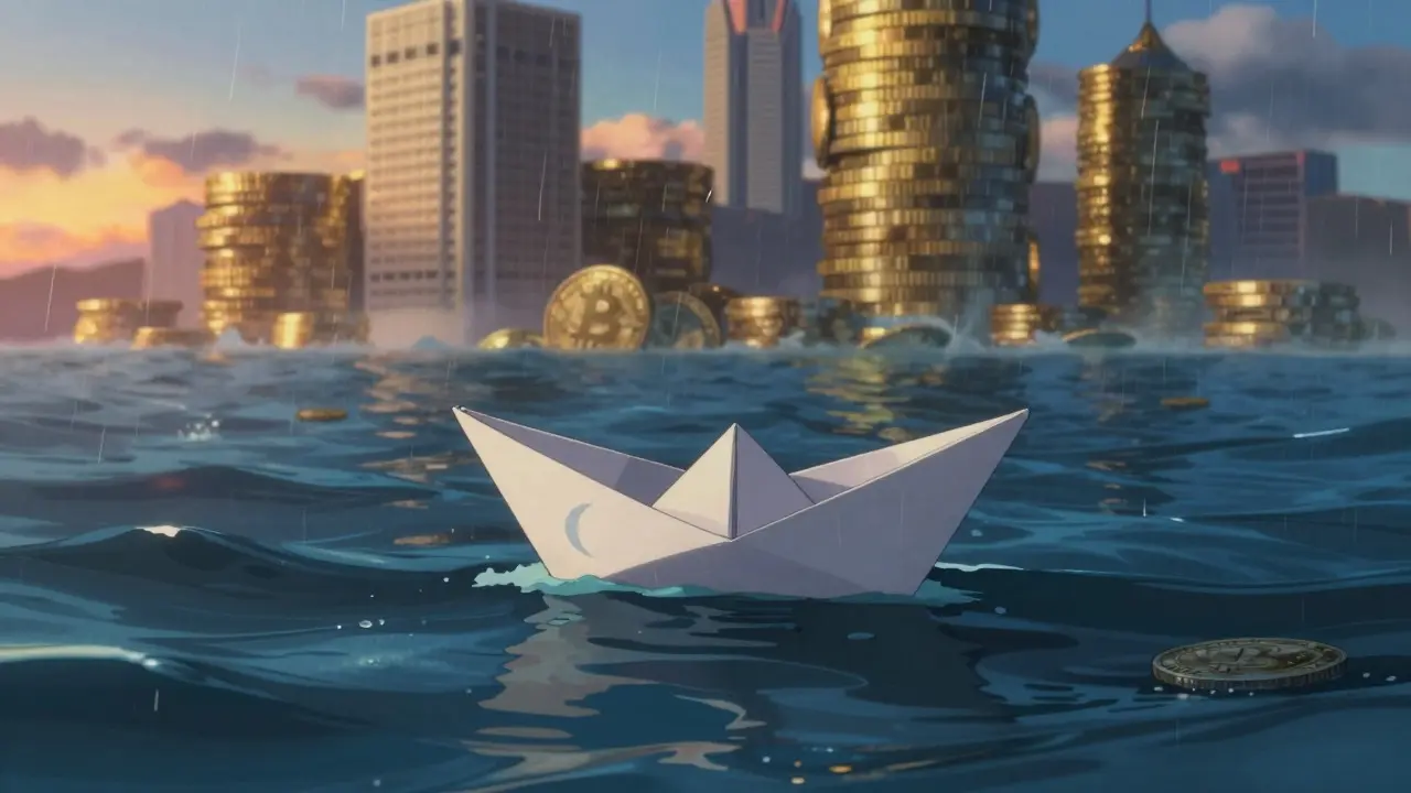 Tiny boat on turbulent sea near giant gold coin buildings, anime style