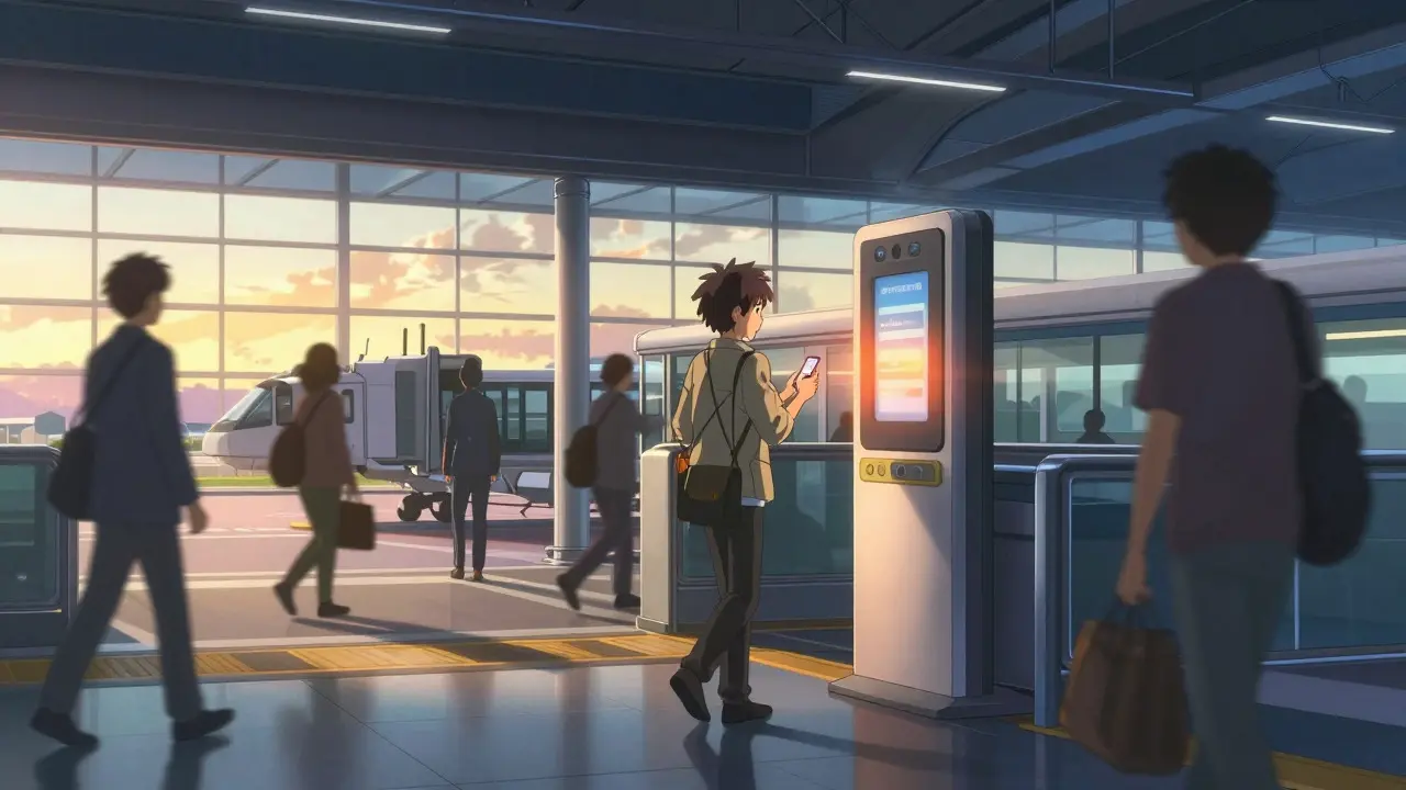 Traveler using digital ID for seamless border crossing in anime