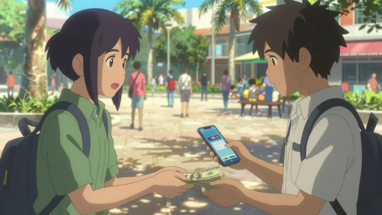 Two people exchanging cash for crypto in a sunny Guayaquil plaza
