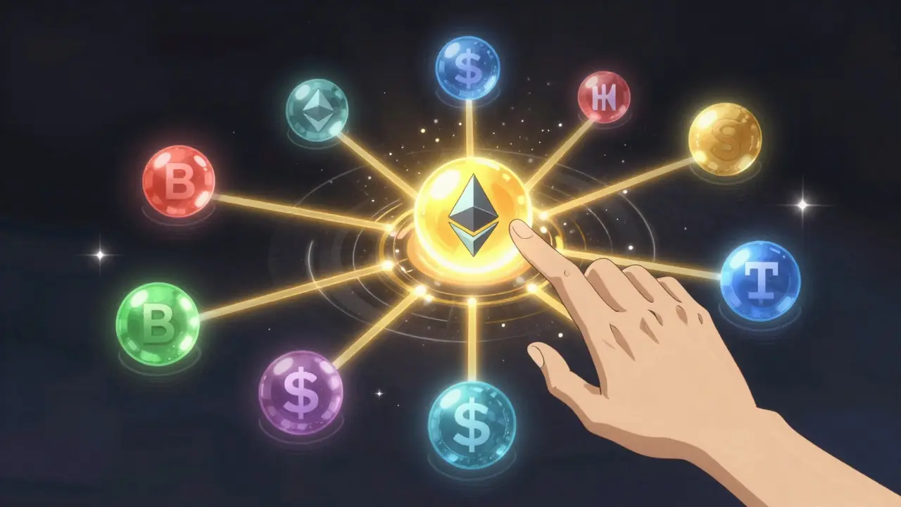 Unified crypto dashboard connecting multiple chains in anime style