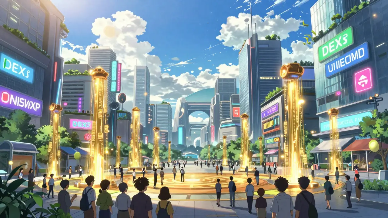 Vibrant futuristic cityscape showing active crypto trading platforms