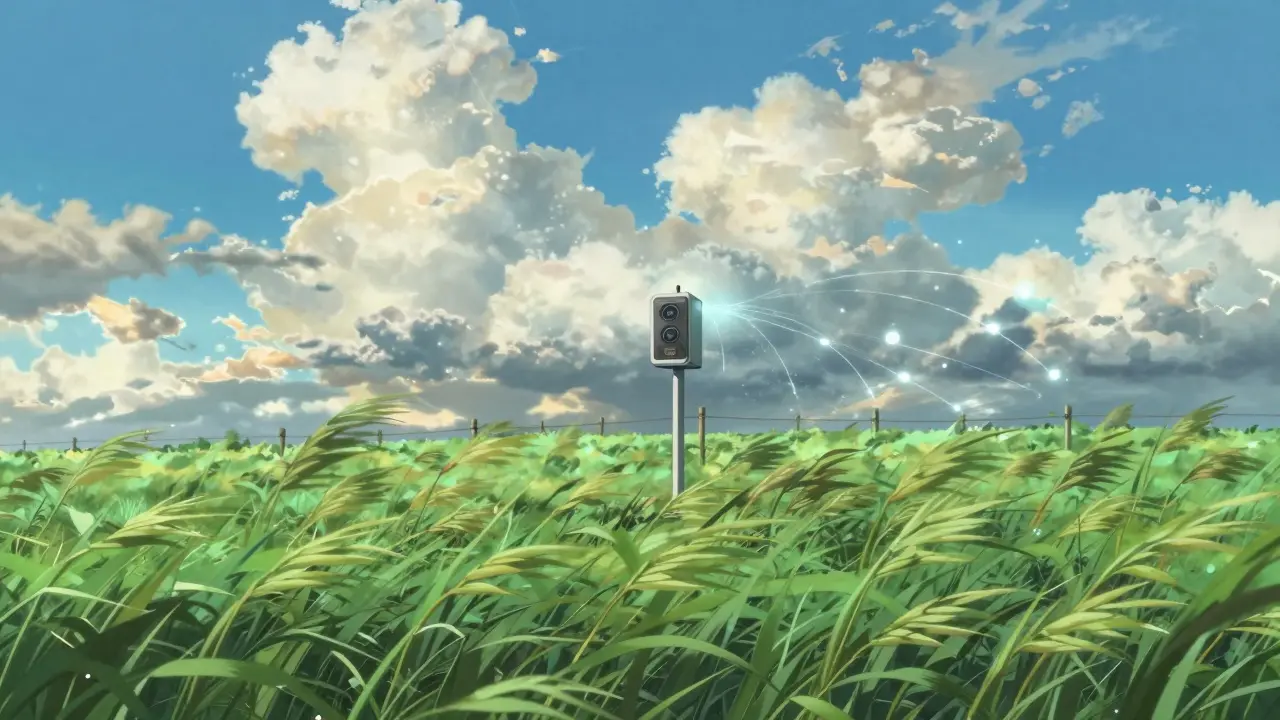 Weather station in a green farm field under dramatic clouds, anime style
