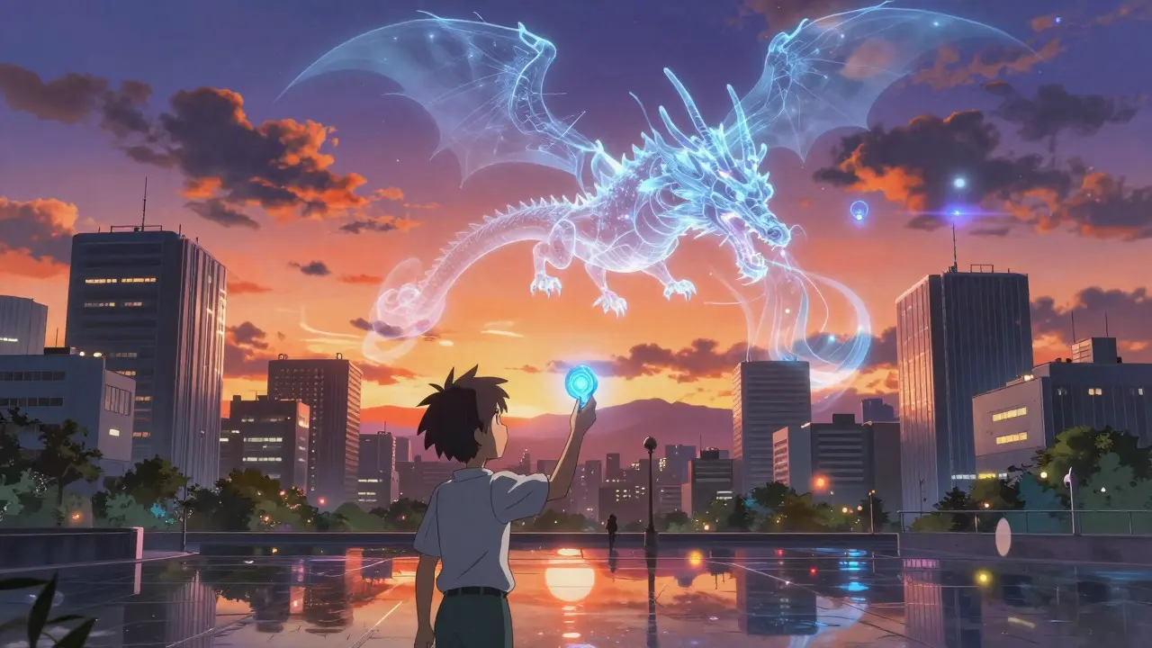A character holding a token while a digital dragon flies over a city at sunset.