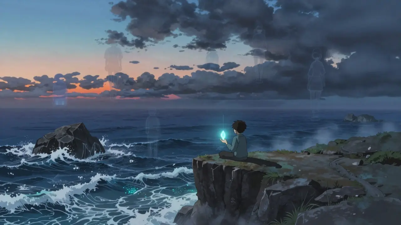 A lone figure on a cliff overlooking turbulent seas with floating ghostly outlines