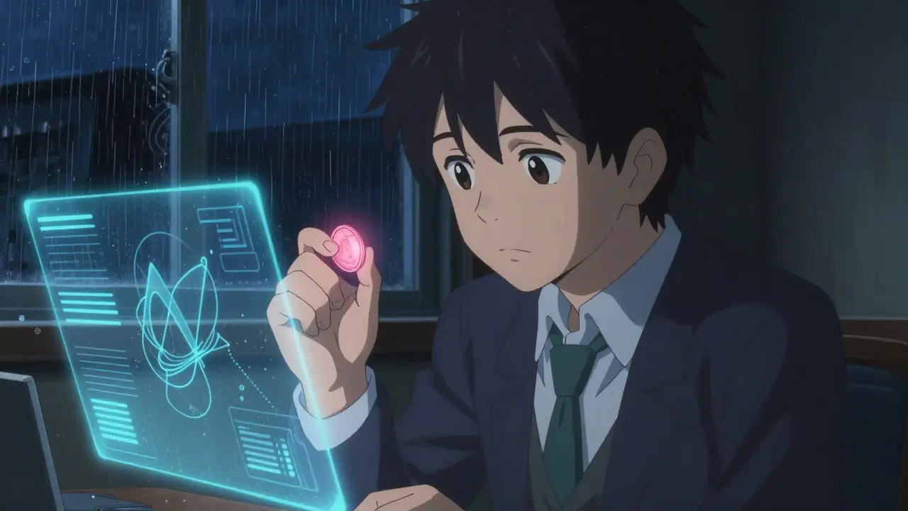 A person examining a small pink coin under blue light in a rainy, dimly lit room
