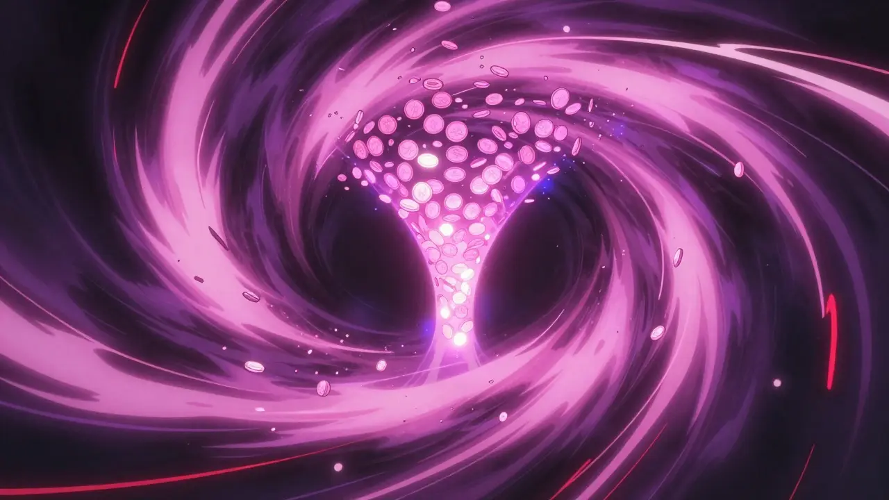 Abstract swirling vortex of light and coins representing financial volatility and risk