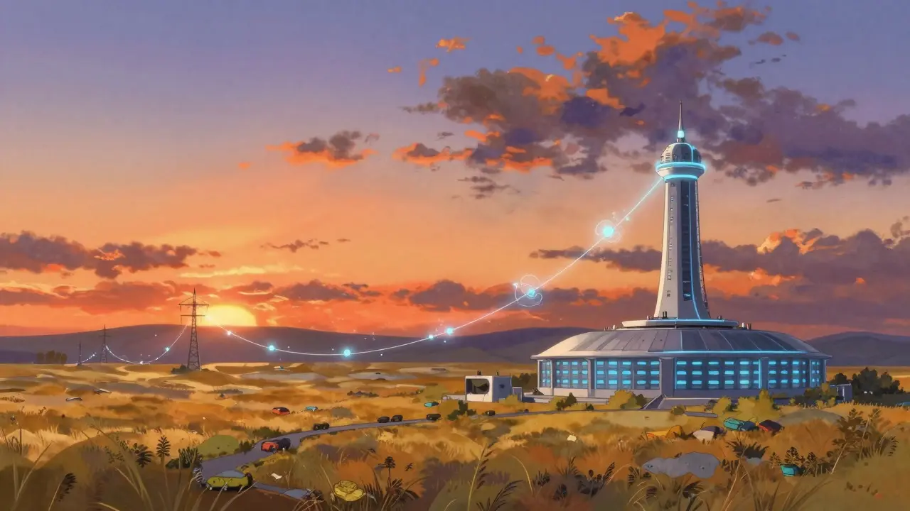Anime art of power lines and data centers on Kazakh steppe at sunset