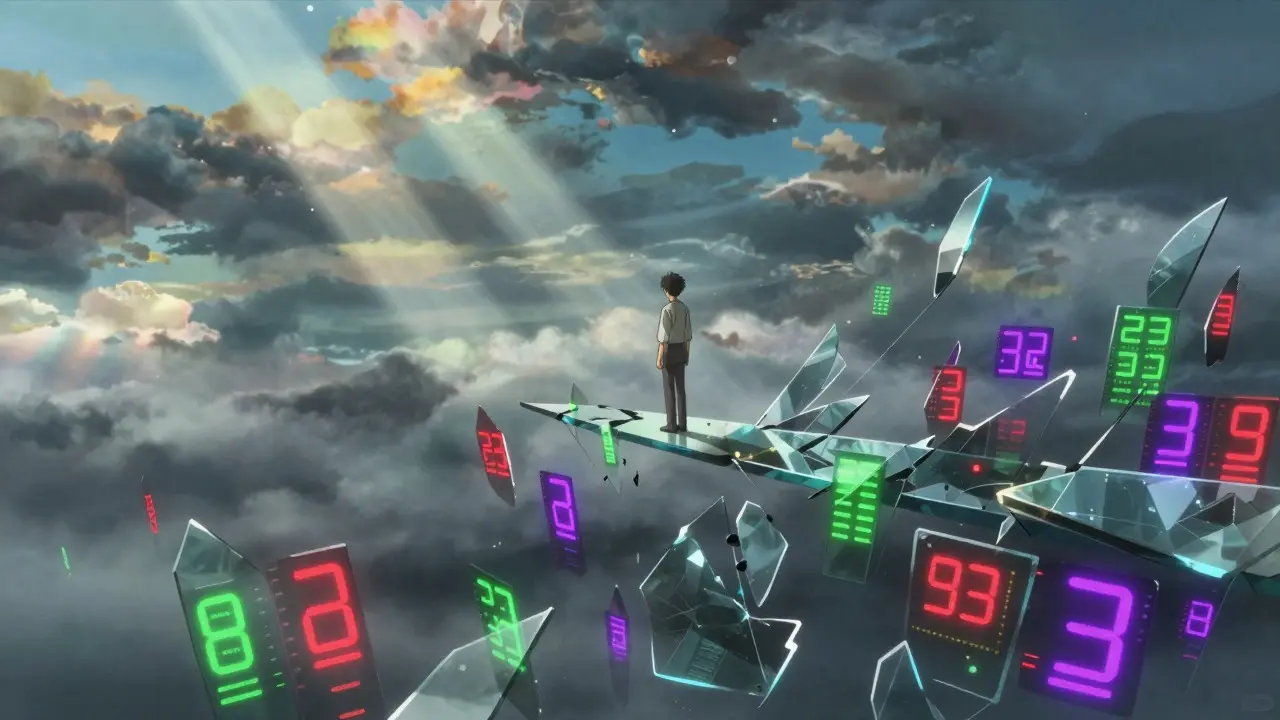 Anime character on a fragile bridge over a chasm of fluctuating crypto charts