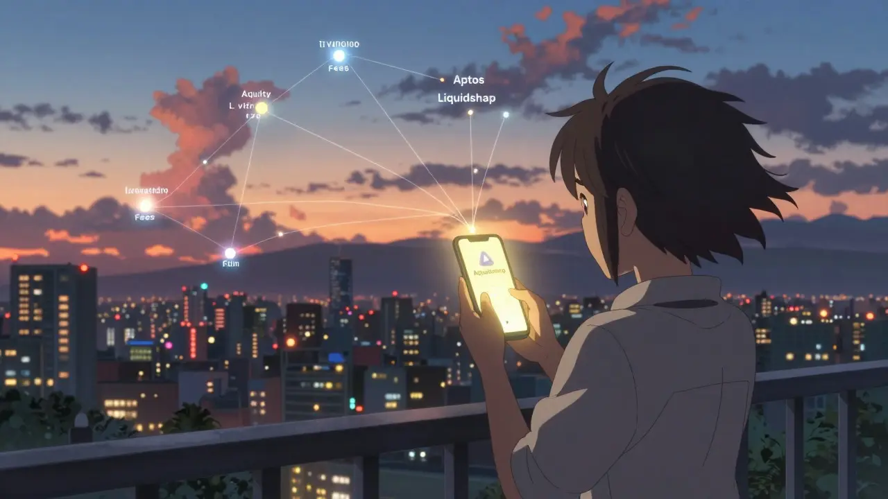 Anime character using a glowing phone to trade on Aptos blockchain at sunset