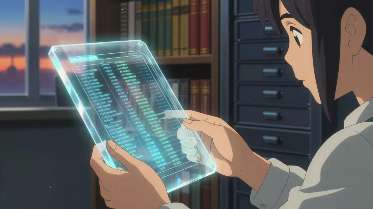 Anime hands inspecting a glowing holographic blockchain ledger in twilight