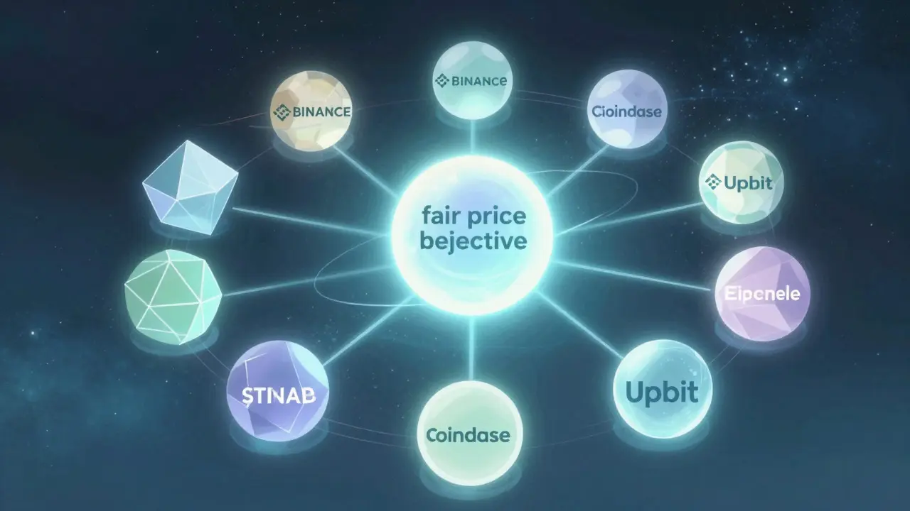 Anime illustration of a central light orb surrounded by orbiting geometric shapes representing exchanges