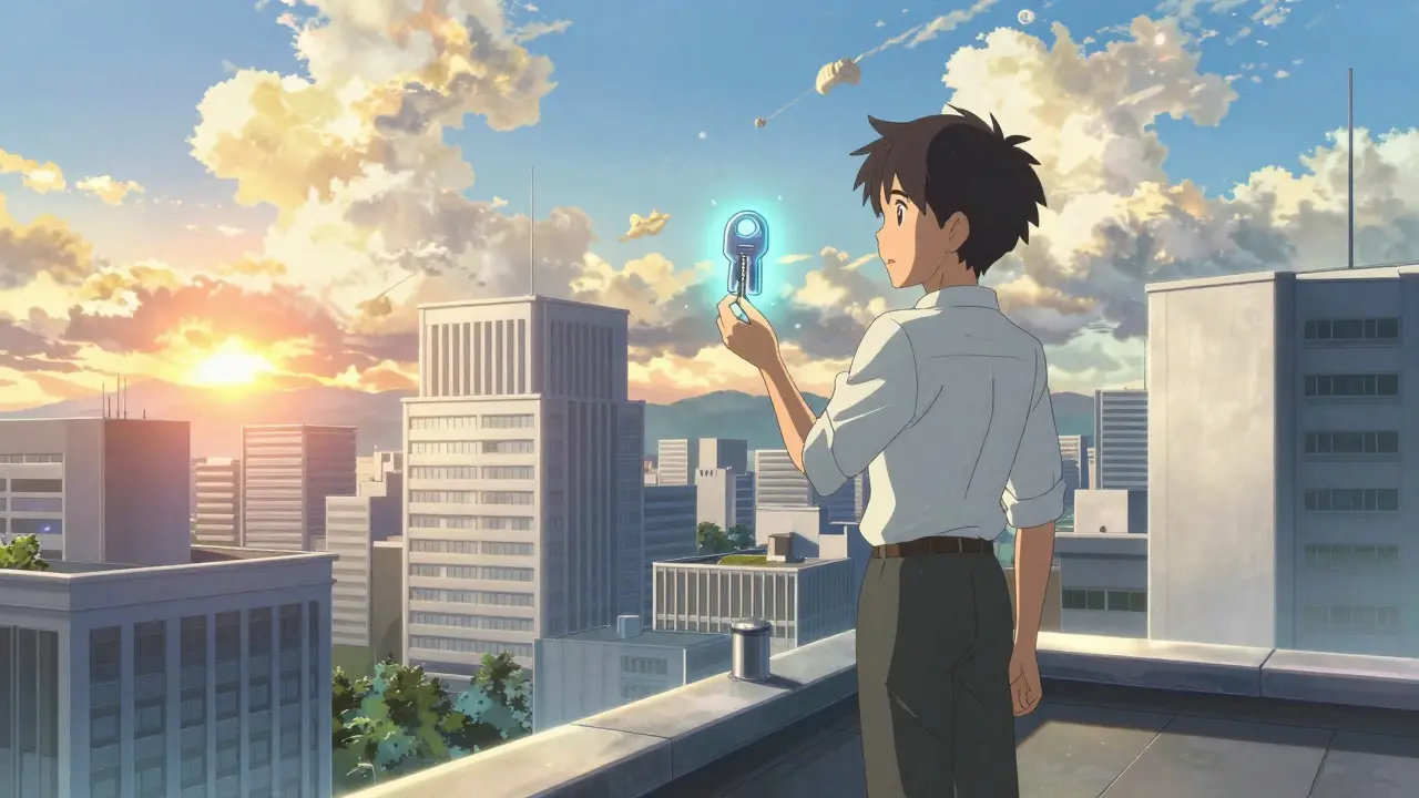 Anime scene of a trader on a rooftop watching a sunrise over a city
