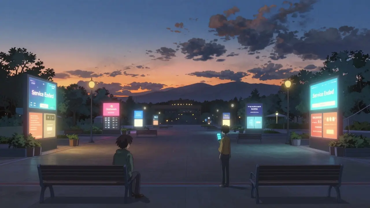 Anime scene showing the sunset of a crypto service, with a character looking at a device as new alternatives rise in the background.