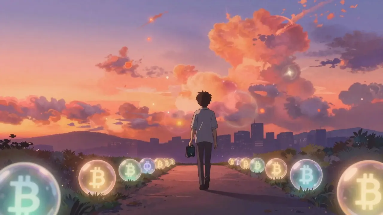 Anime style artwork of a person walking at sunset holding a hardware wallet