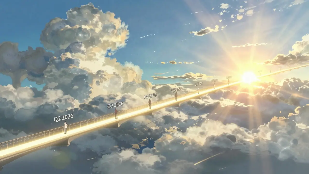 Anime style depiction of a timeline bridge leading from dark clouds to a bright, sunny horizon