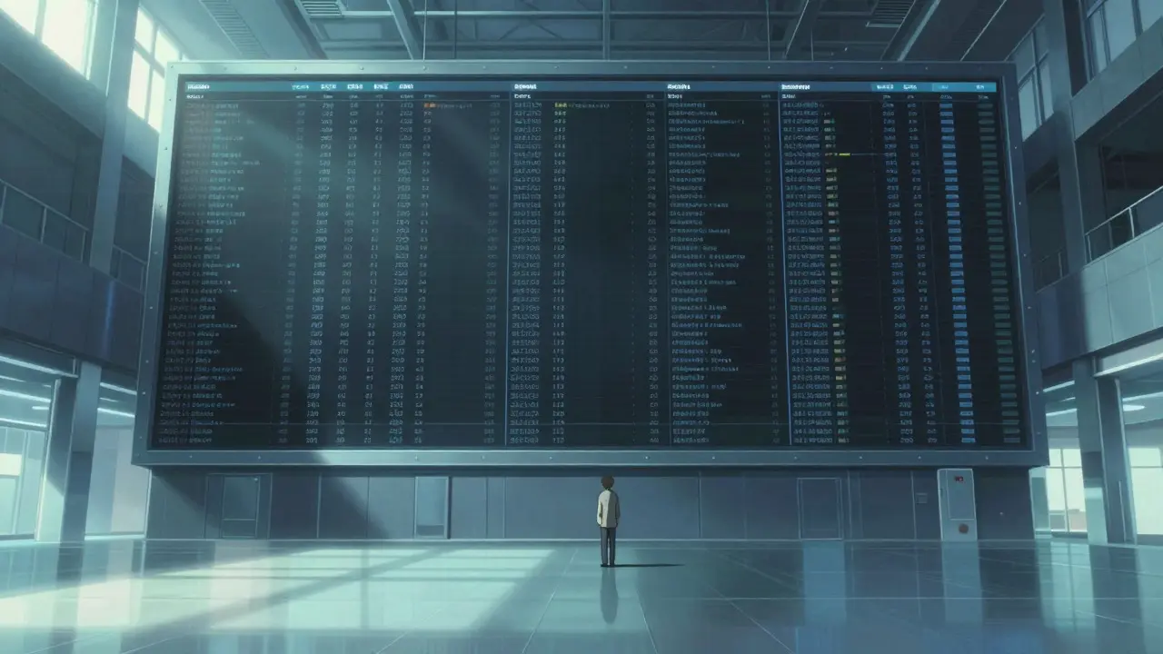 Cinematic anime view of a vast, empty digital trading hall with low activity