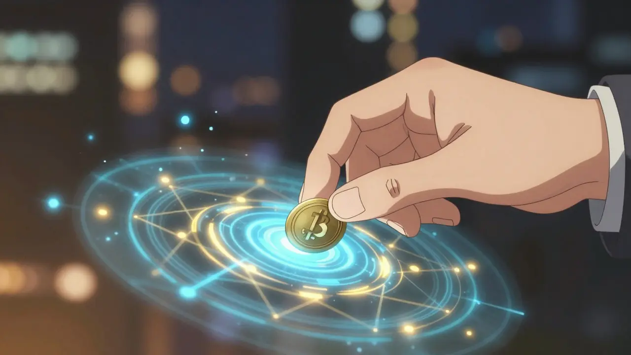 Close-up of a hand interacting with a glowing digital staking interface