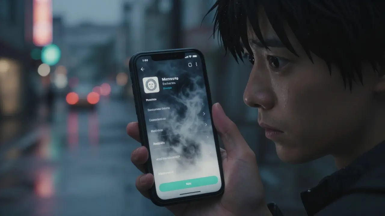Close up of hesitant user holding phone with foggy screen in rainy urban setting