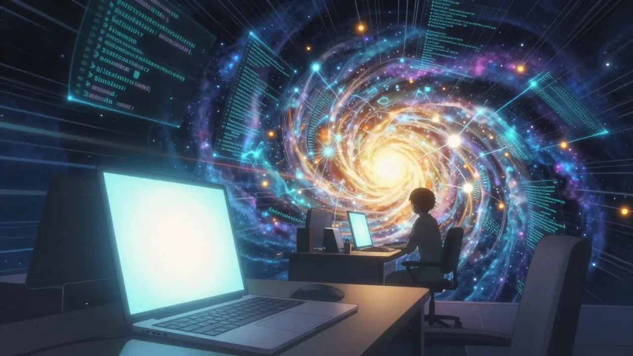 Developer silhouette facing a cosmic explosion of code and data streams in anime style