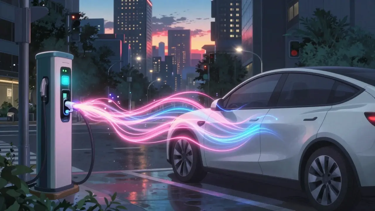 Electric car connected to a grid with swirling energy lights in a city