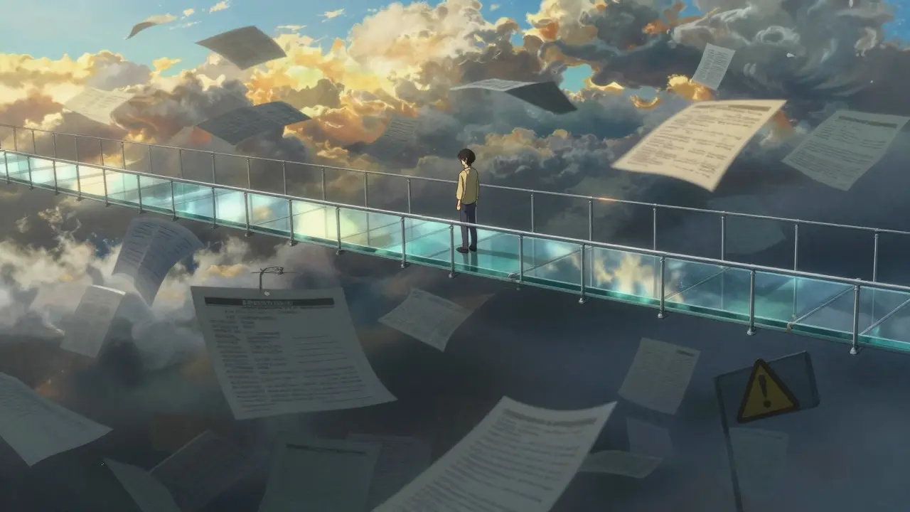 Figure on glass bridge symbolizing financial risk and lack of regulation