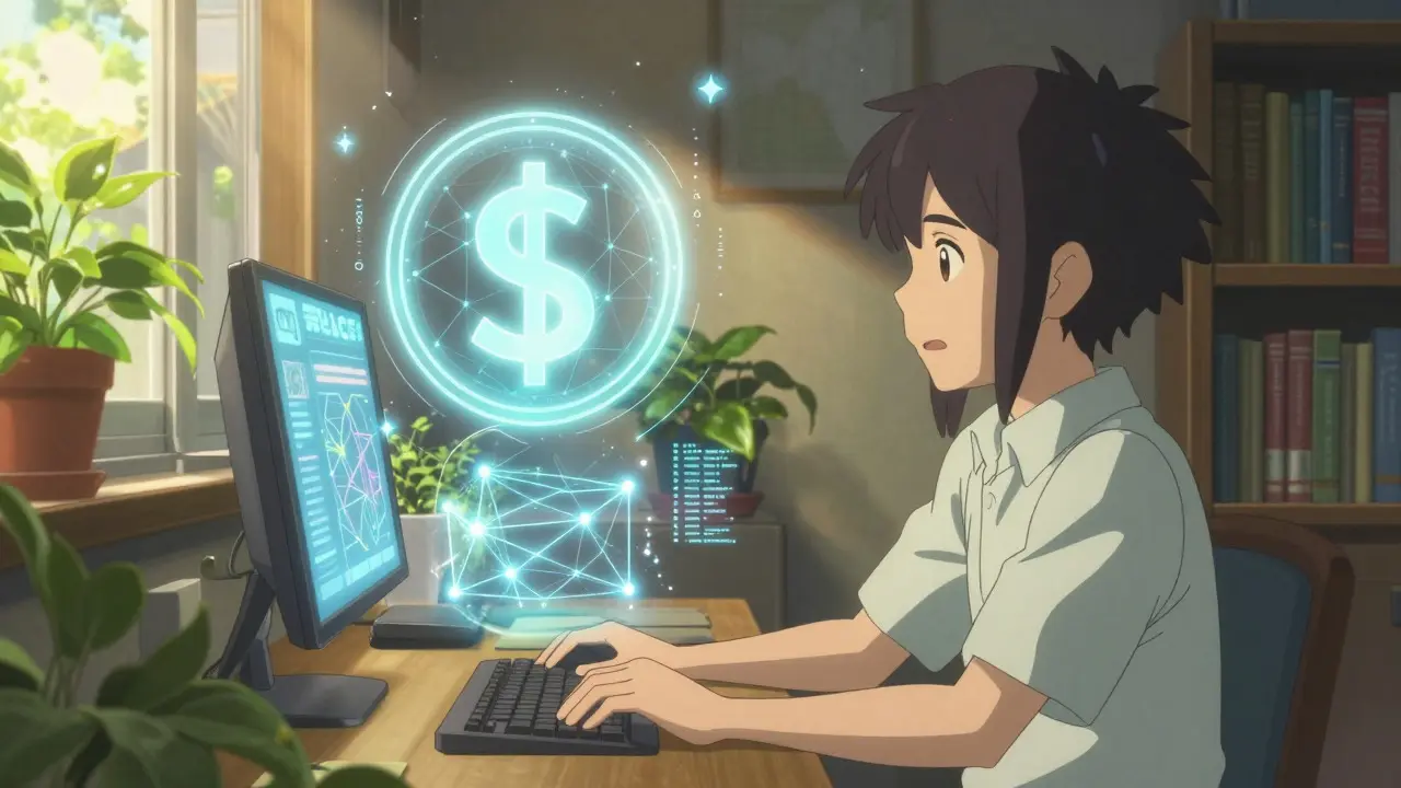 Gamer viewing holographic blockchain tokens and data in a sunlit room, anime style.