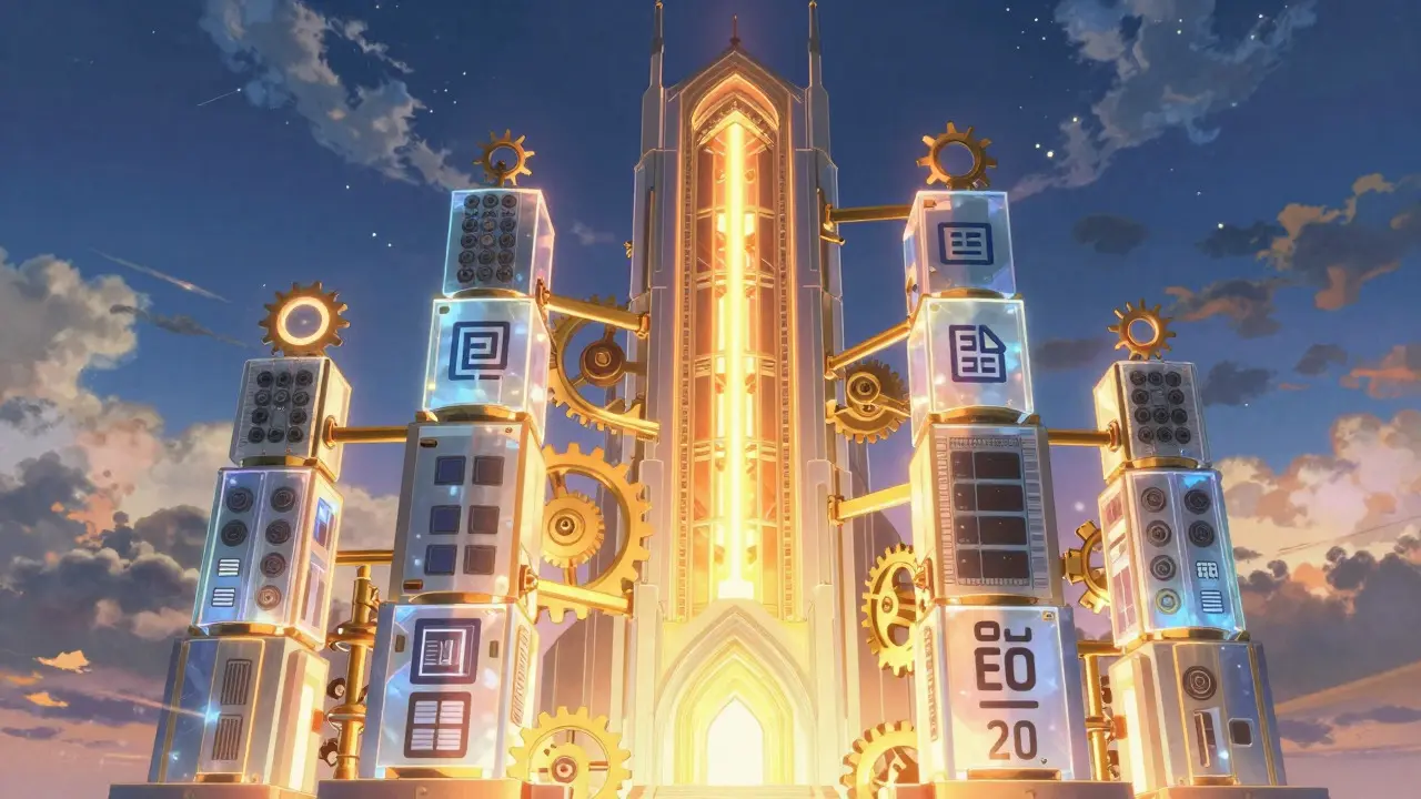 Giant architectural structure of light blocks representing DeFi composability in anime style