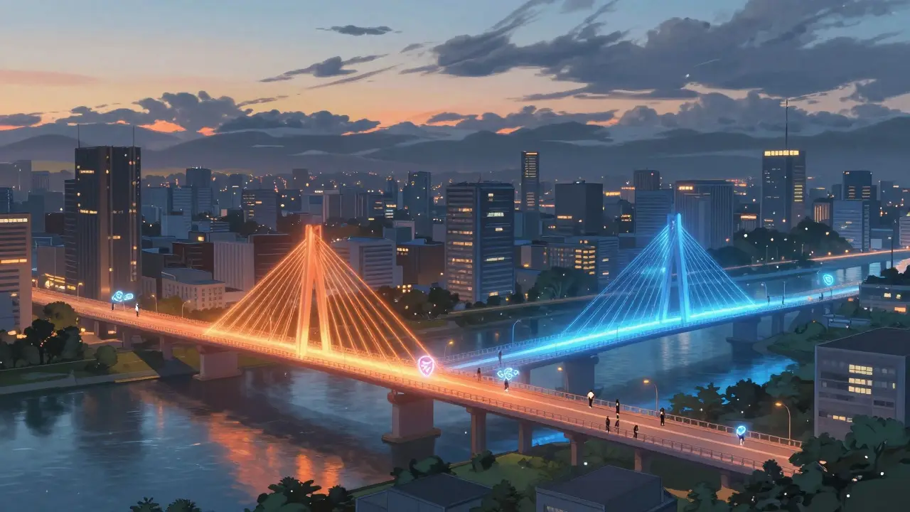 Glowing digital bridges connecting cities symbolizing multi-chain tech