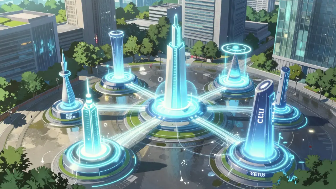 Glowing light streams connecting futuristic buildings representing DeFi protocols in a sunny city