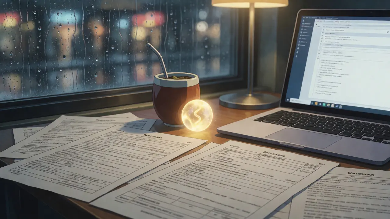 Glowing stablecoin token on desk near mate tea with rainy city window view