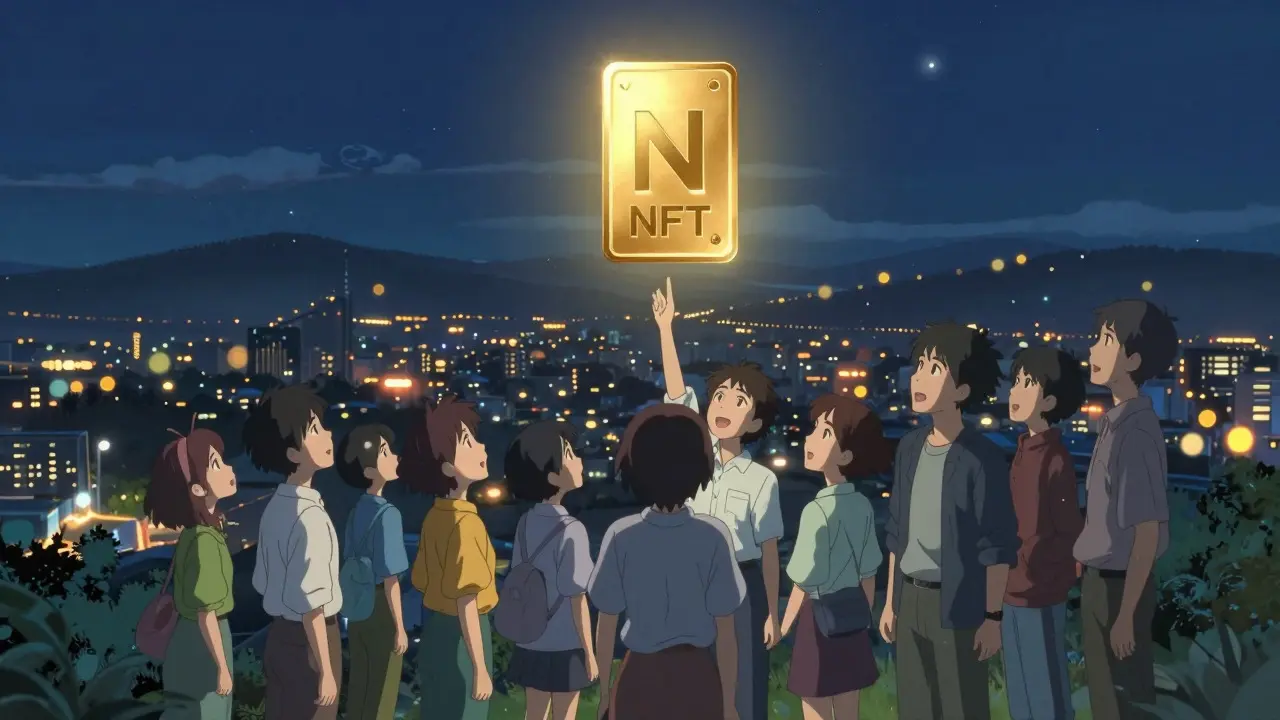 Group of people watching a glowing golden NFT float above a city at night