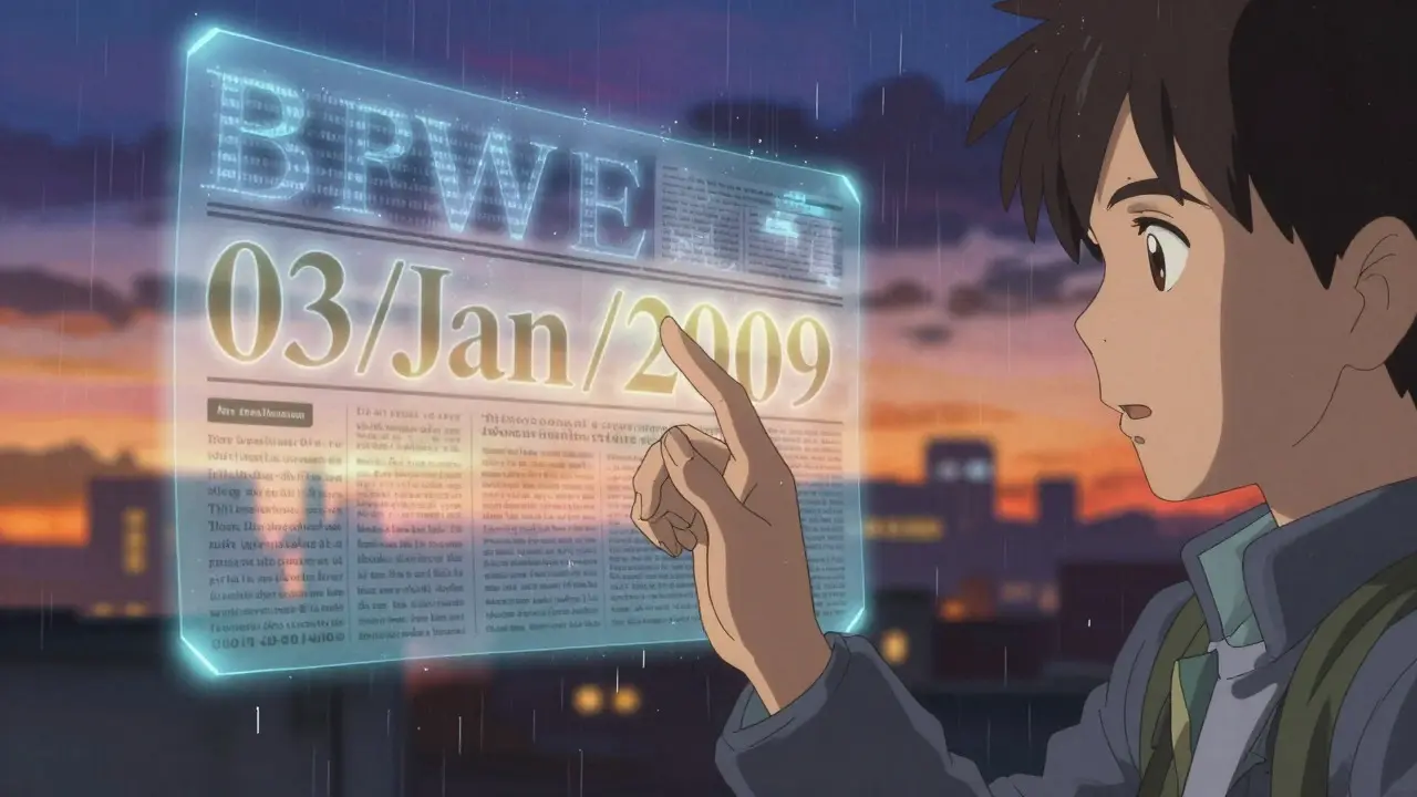 Hand touching a holographic newspaper headline from 2009 in a rainy city