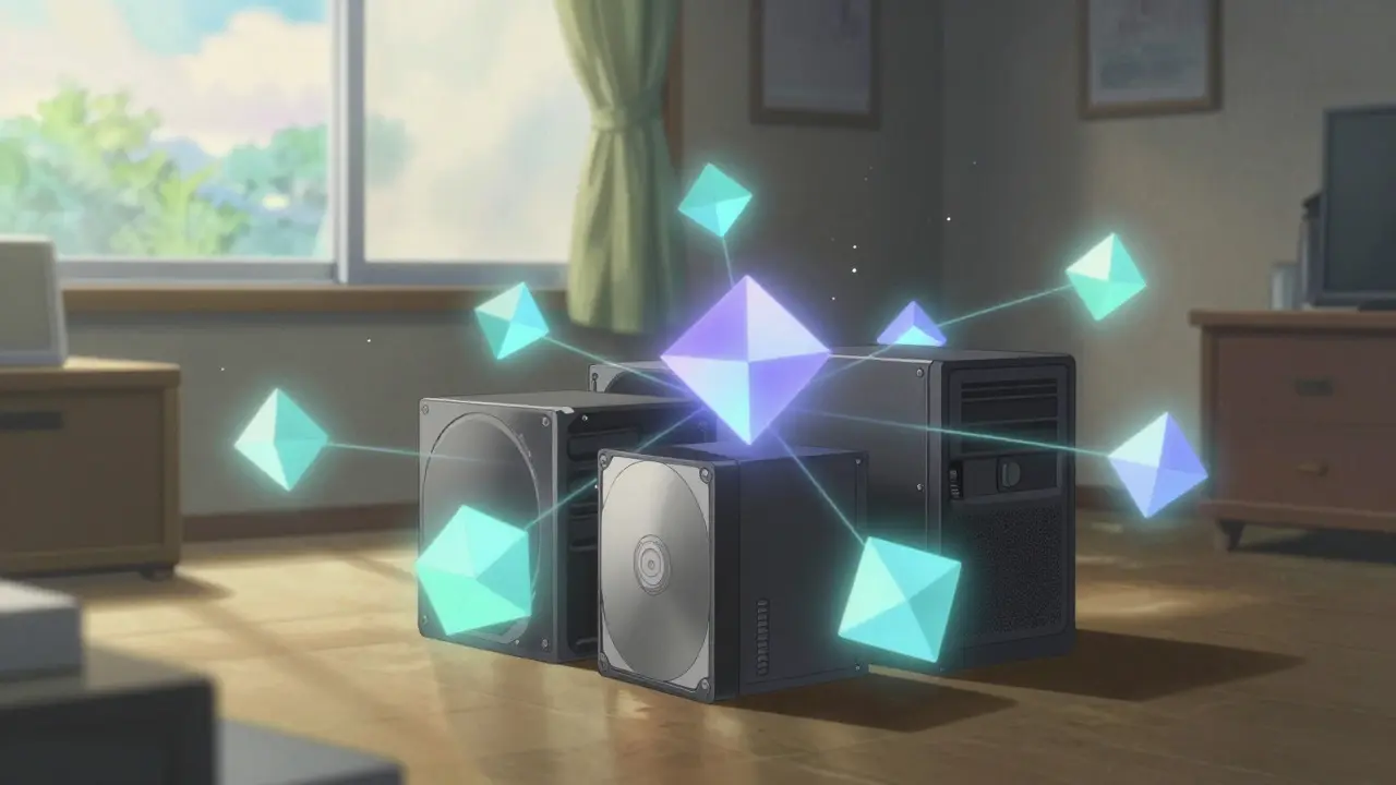 Hard drives surrounded by glowing abstract data connections in a room