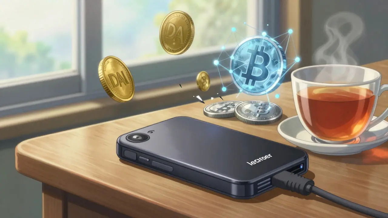 Hardware wallet and tea symbolizing secure crypto storage