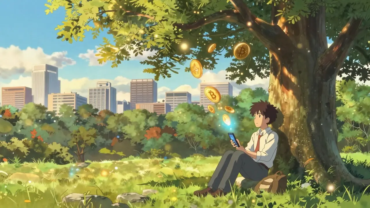 Investor in a sunny park watching holographic coins dissolve, symbolizing market adaptation