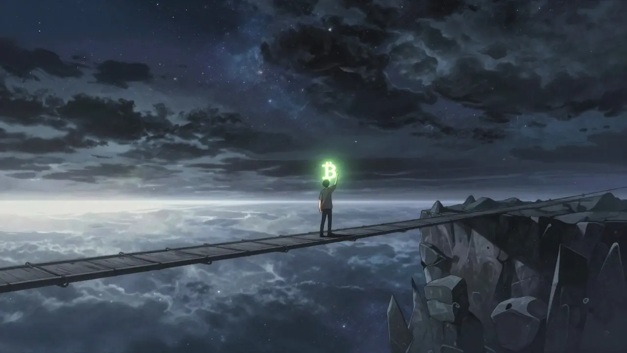 Lone figure on bridge holding flickering Bitcoin symbol