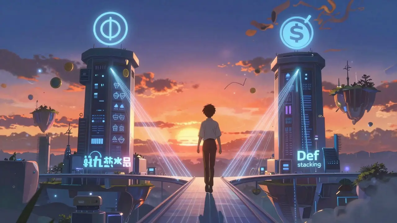 Makoto Shinkai style art depicting yield stacking with light bridges connecting staking rewards and DeFi trading fees.